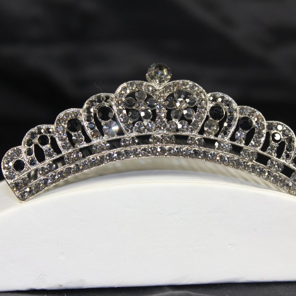 Beautiful Silver Metal Crown with Black Rhinestones in a Filagree design